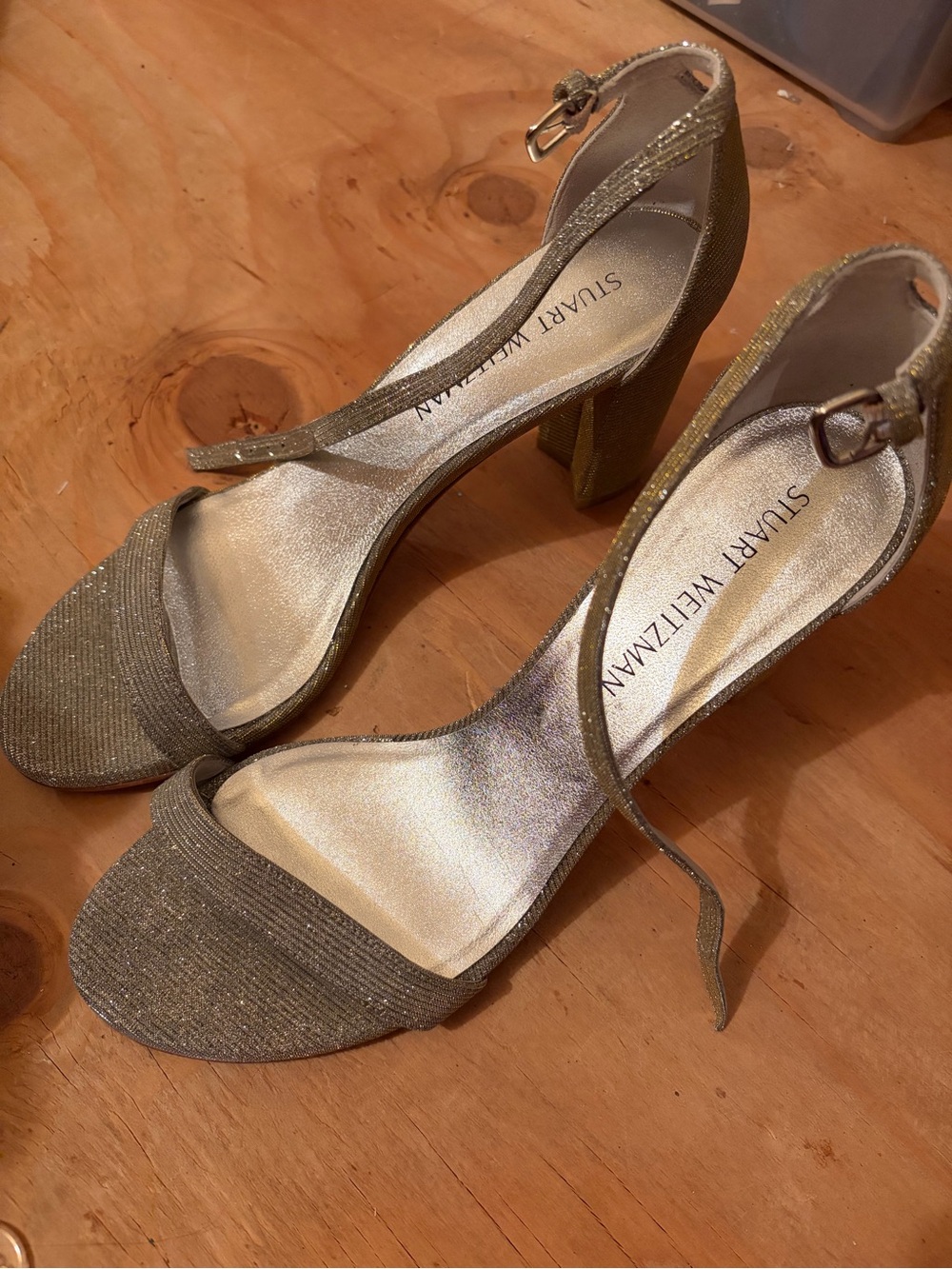 Stuart Weitzman Gold Glitter Block Heel Ankle-Strap Sandals